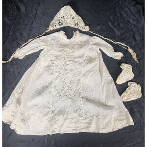 Vintage 1900's Baby Girl Dress Set Matching hat & booties Ivory Antique Baptism